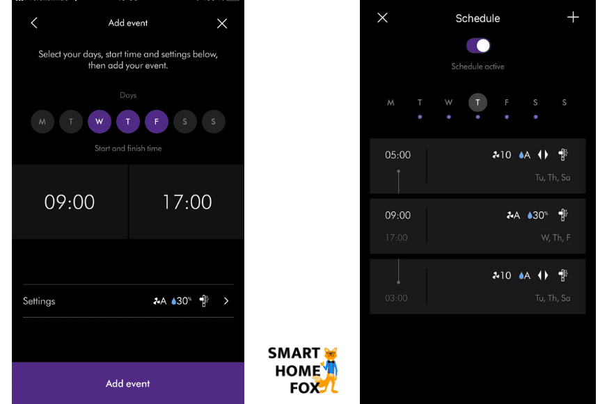 Die Programmplanung der Timer-Pläne mit Wochentag, Uhrzeit und Luftreiniger-Funktion in der Dyson Link App
